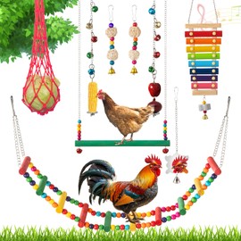 9PCS Chicken Toys for Coop - Complete Set of Chicken Toy, Coop Accessories Swing Ladder Bridge Mirror Pecking Toy Entertainment