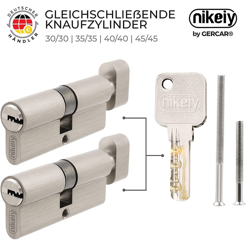 GERCAR Pro Set of 2 Knob Cylinders Simultaneous Locking 60