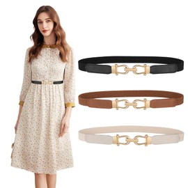 JASGOOD Women Skinny Elastic Stretch Belts for Dresses Retro Ladies Waist Gold Buckle Thin Belts 3 Pack, Brown+Black+Beige
