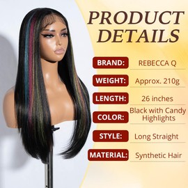 Rebecca Q Long Straight Black Wig For Black Woman Synthetic Hair Replacement Wig with Colorful Highlights Lace Front Wig Middle Partfor Daily Cosplay Use 26inches (VIVI.CANDY)