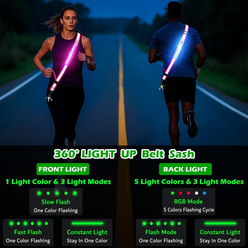 Samlior LED Reflective Belt Sash, Rechargeable LED Light Night Safety