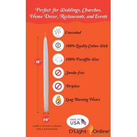 Elegant 18 Inch White Taper Candles, Very Tall Premium Quality Candles, Hand-Dipped, Dripless, Smokeless and Unwrapped Bulk Pack for Events - Set of 12 (18 Inches, White)