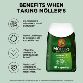 M?LLER'S Moller's ? | Omega-3 Capsules | Fish Oil | Nordic Omega-3 Dietary Supplement with EPA and DHA and Vitamins A, D and E | 166-year-old-brand | Daily Health | 112 Capsules