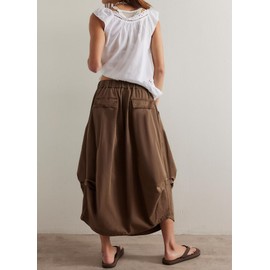 TERIVEEK Women Poplin Midi Skirt Baggy Drawstring Mid Rise Parachute Skirt Y2k Cargo Maxi Long Skirt with Pockets Streetwear Brown