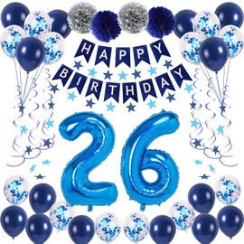 NANINUNENO 26th Birthday Party Decorations In Blue Men And Women, Supplies Happy Balloons With Banner, Numbers, Star Streams, Swirls Hanging
