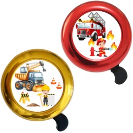 Pack of 2 Children's Bicycle Bells for Boys, Fire Engine Vehicles Excavator, Bicycle Bell Children, Bicycle Bell Children, Yellow Red, Bell Balance Bike