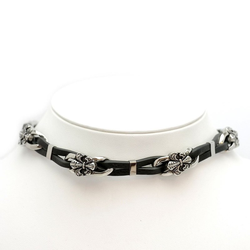 [One] Silver Flare Leather Choker Black Leather Cord Necklace for