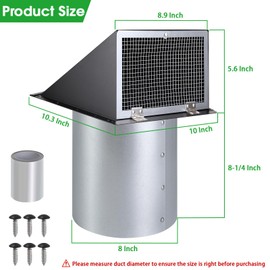 8 inch Hooded Wall Vent with Screen and Damper,Wall Vent Cover Exhaust Vent Outdoor Wall Cap Exterior Air Vent Cover for Kitchen Range Hood HVAC Duct Dryer Ventilation,Galvanized Steel,Black