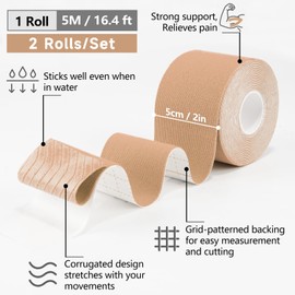 2 Rolls Kinesiology Tape for Knees, 2in×16.4ft Roll Athletic Tape for Elastic Muscle Support, Waterproof Physio Tape for Relieve Muscle Soreness and Injury for Shoulder, Ankle, Face Tape, Skin,Beige
