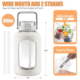 WINSA Large Glass Water Bottles with Stainless Steel Handle,100 oz Gallon Drinking Bottle with 2-in-1 Straw Lid,3 Liter Glass Water Jug with Silicone Sleeve,Wide Mouth,White