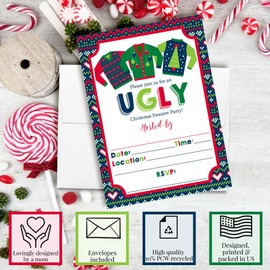 Amanda Creation Christmas Invitations with Envelopes – Ugly Sweater Christmas, 8 Pack 5x7 Double Sided Fill-In Invite Cards with Eight White Envelopes Perfect for Holiday Parties