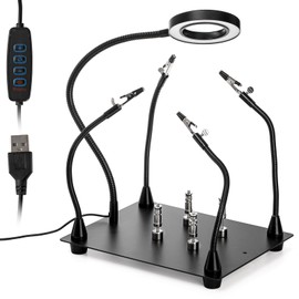 WUWEOT Helping Hands Soldering Clamp Station, 6X LED Magnifying Lamp, Moveable 4 Magnetic PCB Holder, Flexible Metal Arms, Non-slip Weighted Base, Third Hand Tool for Electronic Repair Crafts Jewelry