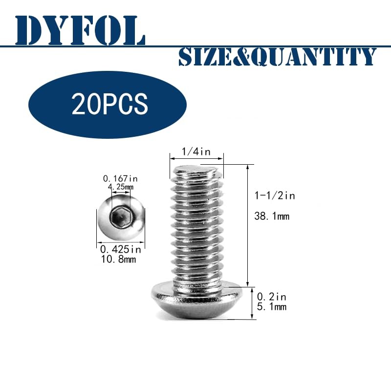 20Pcs 1/4"-20x1-1/2 Button Head Socket Cap Bolts Screws,304 Stainless Steel