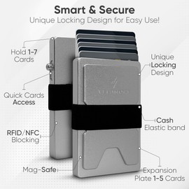 VELANORI Mens Silver Aluminum Slim Wallet – RFID Blocking Minimalist Card Holder, Space-Grade 6061-T6 Aluminum Pop-Up Wallet with Cash Band, Premium & Durable Design.