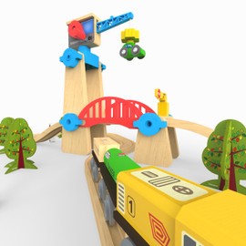 ORBRIUM Build & Play 65 Pcs Figure 8 Lift & Load Wooden Train Set with Crane and Bridge Compatible with Thomas, Brio, Imaginarium, Melissa and Doug, IKEA