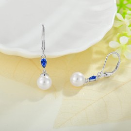 CARICY Pearl Drop Earring 925 Sterling Silver Earring Teardrop September Sapphire Birthstone Earring for Women Dangle Leverback Earrings with 8mm Simulated Pearls Anniversary Christmas Day