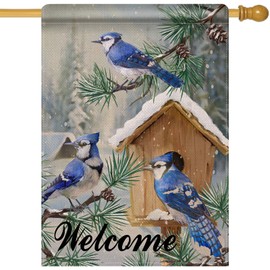Artofy Welcome Winter Blue Bird Large Decorative House Flag, Christmas Blue Jay Birdhouse Pine Branches Yard Garden Outside Decor, Seasonal Snow Burlap Outdoor Home Decoration Double Sided 28 x 40