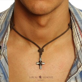 LOCAL LEAGUE Mens Leather Necklace with CROSS Metal Pendant AUSTRALIAN SURFER STYLE Adjustable Distressed Brown Cord for Men, Boyfriend, Surf Holiday BEACH Party Festival Clubbing