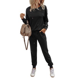 PRETTYGARDEN Women's Two Piece Loungewear Fall Casual Long Sleeve Tops Jogger Pants Pajama Sets Matching Outfits Clothing (Solid-Black,Large)