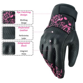 JAUNTY Motorcycle Gloves for Women Leather Riding Touchscreen Gloves for Ladies with Hard Knuckle Perforated Breathable Biker, ATV BMX, Combat Motocross, Riding Racing (Pink, Large)