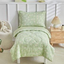 DuShow Floral Toddler Bedding Set,4 Pieces Toddler Crib Bed Sheet Set for Girls and Boys,Soft Toddler Comforter Set Includes Comforter,Flat Sheet,Fitted Sheet,Pillowcase