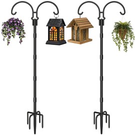 AnBaiMei Adjustable Double Shepherds Hooks for Outdoor with Sleeve, 60 Inch Heavy Duty Bird Feeder Pole Stand with 5 Prong Base for Hanging Plant, Hummingbird Feeders, Solar Lantern, Wind Chime, 2 Pcs