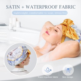 Longdon Homeone Shower Caps for Women, with a Variety of Patterns, Bow Design, Large Size Waterproof Bath Caps for Long Hair with Double-layered Satin & EVA Fabric (Rabbit)