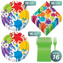 Art Party Supplies - Colorful Artist Paint Splatter Paper Dessert Plates, Lunch Napkins, and Forks (16 Plates & Napkins)