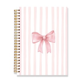 FOPENEM Coquette Pink Bow Notebook 8.3x5.5 Inch, Preppy Girly Journal for Women Teen Girls, Cute Pink Striped Hardcover Spiral Notebook Journal for School Office Work Supplies