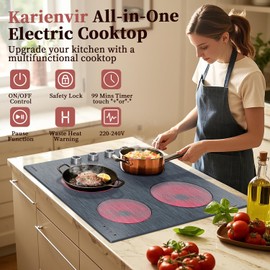 Karienvir Electric Cooktop 24 Inch, 4 Burner Electric Stove 6000W, Brushed Grain, 9 Power Levels, 220V-240V Built-in Electrics Radiant Cooktop, Knob Control, Safe Lock, Timer, Pause