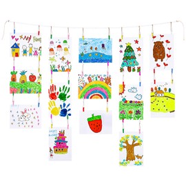 KLOGTSIND Kids Art Display Wall Decor, Wooden Beads Garland Frame Holder with 34 Clips for Kids Artwork, Photo, Wall Hanging Boho Room Bedroom Decor