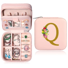 XIUQILAI Jewelry Box for Women, Pink Small Travel Earring Organizer Case for Birthday Gifts - Initial Q