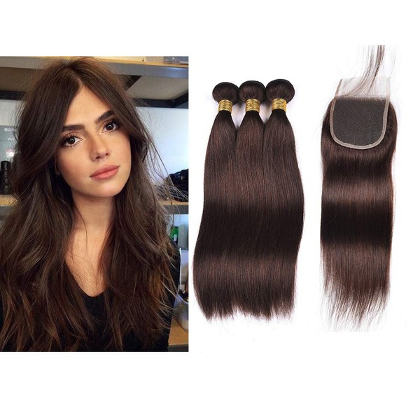 Mila 3 Piece Extensions Wefts Dark Brown Hair Straight 100% Remy Human Hair Brazilian Virgin Hair Bundles Dark Brown with Lace Closure (12"14"16"+12"Closure)