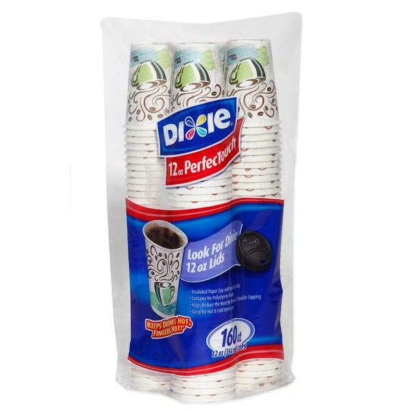 (150) COFFEE CUPS 12 oz DIXIE PERFECT TOUCH PAPER HOT/COLD CUPS COMBO W/LIDS SFI