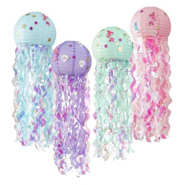 Woyejo Jellyfish Paper Lanterns for Children's Birthday, Pack of 4 Mermaid Lanterns, Lampshade, Mermaid Paper Lantern, Ocean Party Supplies for Children, Theme Party, Weddings, Birthday, Room Decoration
