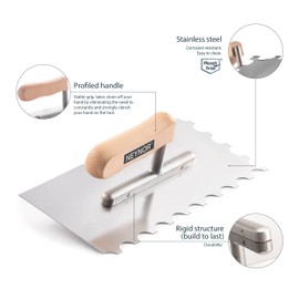 NEYNOR® Plastering Notched Trowel - Stainless Steel Plaster Trowel - Plasterers Trowel for Skimming - Ergonomic Handle - Made in EU - U-8