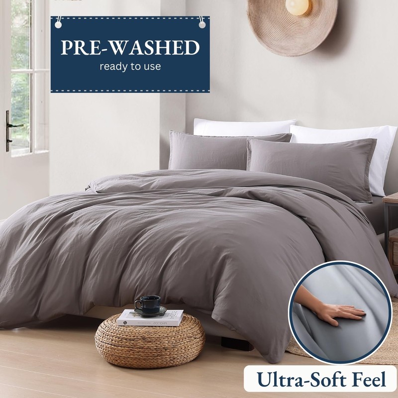 LANE LINEN Single Duvet Cover Set Grey - Pre Washed