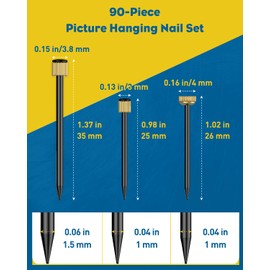 Uniclife 90 Pcs Picture Hanging Nails for Wall Art, 3 Sizes, Small Nails for Hanging Pictures, Alloy Steel Picture Hangers Picture Nail, Picture Frame Hangers, Wall Nail for Hanging Photos Mirrors