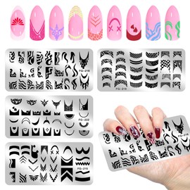 MWOOT 4-Piece Nail Stencil Stamp Set, Stripes Lines Geometric Leopard Print Theme Stamp Nail Design, French Nail Art Stamping Plates, Nail Stamping Manicure Tool Kit