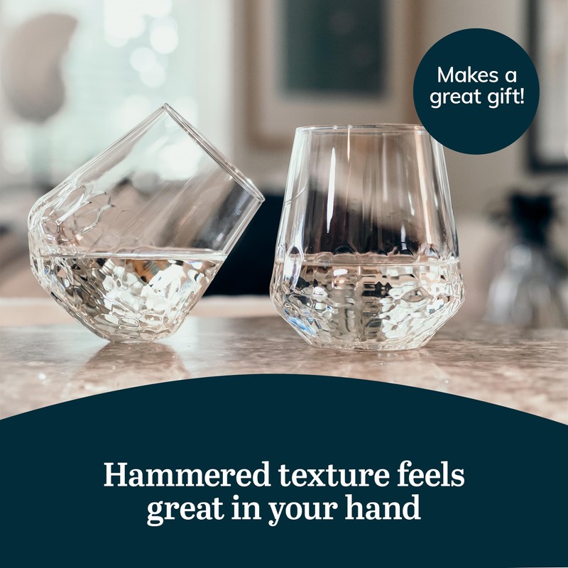 Libbey Hammered Stemless Wine Glasses Set of 8, 17-ounce, Dishwasher-Safe,