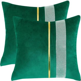 Tosleo Dark Green Velvet Throw Pillow Covers 18x18 Pack of 2 with Shining Diamonds Striped Gold Leather Decor Couch Luxury Pillow Cases for Living Room Bedroom Sofa Cushion Cover
