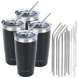 Rosenstein & Söhne Set of 4 Double Walled Insulated Mugs, Black, 600 ml, Stainless Steel
