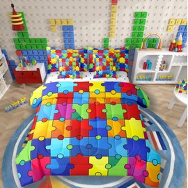Erosebridal Jigsaw Puzzle 7 Piece Comforter Set Full Bed in a Bag,3D Building Blocks Bedding Sets,Colorful Sheet Set with Comforter Kids Boys Bricks Rainbow Gradient Room Decor,Red Blue Teal Yellow