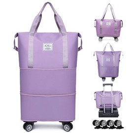 Expandable & Foldable Rolling Duffle Bag with Wheels, Large Capacity Carry-On Luggage with Dry Wet Separation, Waterproof Lightweight Travel Weekend Bag for Women Men (Purple)