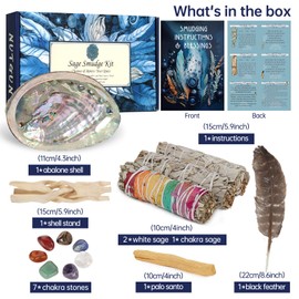 Nutgun Sage Smudge Kit - 2 White Sage Sticks, 1 Chakra Sage Stick, Palo Santo, Abalone Shell, Stand, Smudging Feather, 7 Chakra Stones & Guide ~ Sage Incense Sticks for Cleansing House & Meditation