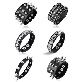 Tornito 4Pcs Spike Studded Rivet Skull Demon Black Punk Rock Gothic Biker Wide Strap Leather Bracelet Chain Cuff Bangle Wristband Adjustable for Men Women (D:Style B)