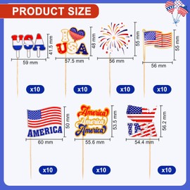 HOWAF 70pcs 4th of July American Flags Toothpick, USA Mini Stick Cupcake Toppers, Red White Blue Independence Day Cocktail Picks Fruits Sticks for US July 4th Patriotic Party Food Drink Decorations