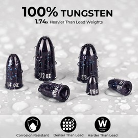 MadBite Tungsten Worm Fishing Weights, 100% Tungsten, Sinks Quickly, 1.74 Times Heavier Than Lead Weights, Smaller Sized, Inline Attachment, for Texas Rig and Carolina Rig, Polished Opening