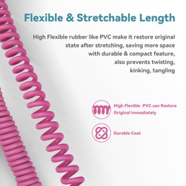 Augioth Coil Guitar Cable 10 ft 2 Pack, Curly Electric Instrument Guitar Bass Cord AMP Lead 1/4 Straight to Angled Pink