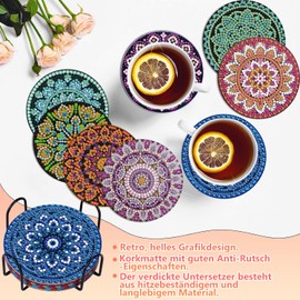 Pack of 8 Diamond Painting Coasters, Mandala Diamond Painting Coasters with Holder, Mandala Diamond Cup Coasters, 5D DIY Mandala Coasters, Non-Slip for Beginners, Adults & Children